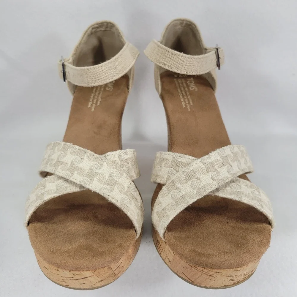 Toms Women Sz 9.5 Natural Woven Cork Platform Wedge Sandal Open Toe Strappy Shoe